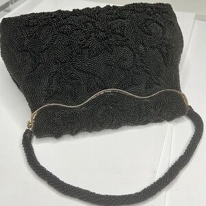 Walborg Black Glass Hand Beaded Handbag Made in Japan Excellent Condition